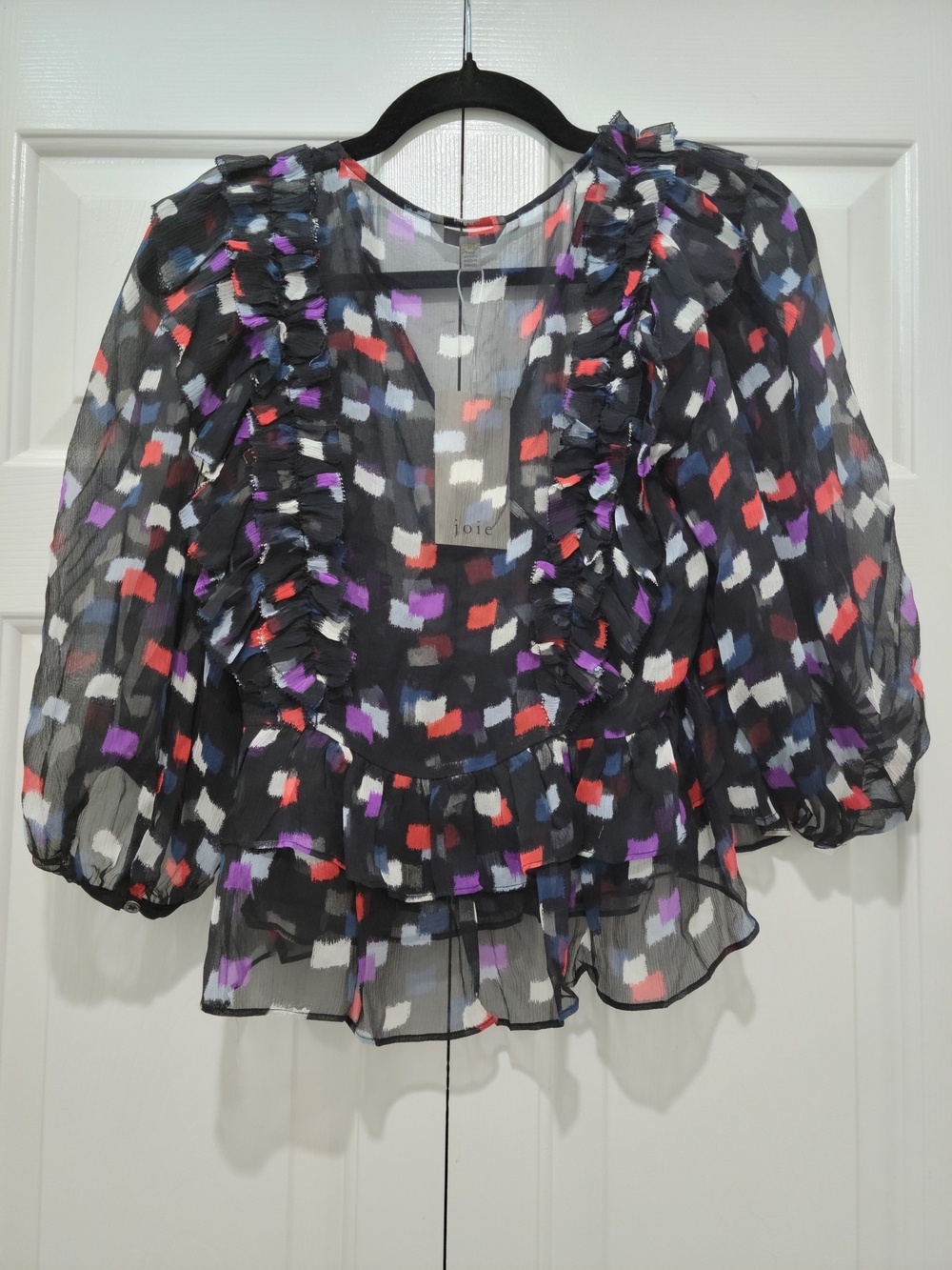 Joie Black Silk Abstract Squares Wrap Blouse - Picture 6 of 12